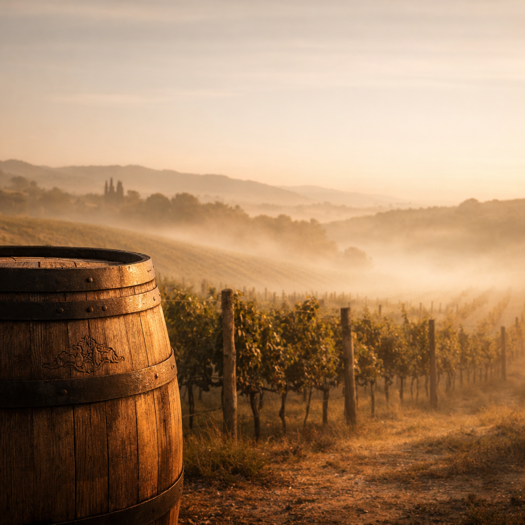 Vineyard landscape with oak barrel at sunrise